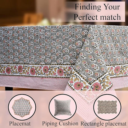 CPC Tablecloth 100% Cotton 70x108 Inch Indian Block Print Rectangle Table Cover, Gray Table Cloth for Weddings, Spring/Summer, Barbeque - Labra Gray