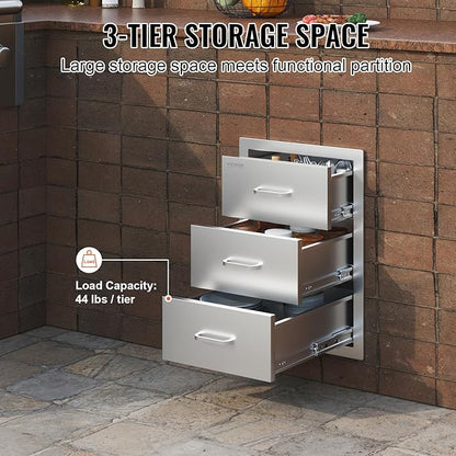 VEVOR Outdoor Kitchen Drawer Cabinets 16" W x 21.5" H x 18" D, BBQ Drawer Stainless Steel, Flush Mount Triple Access, with Handle, BBQ Island, Outdoor Grill Patio Grill Station