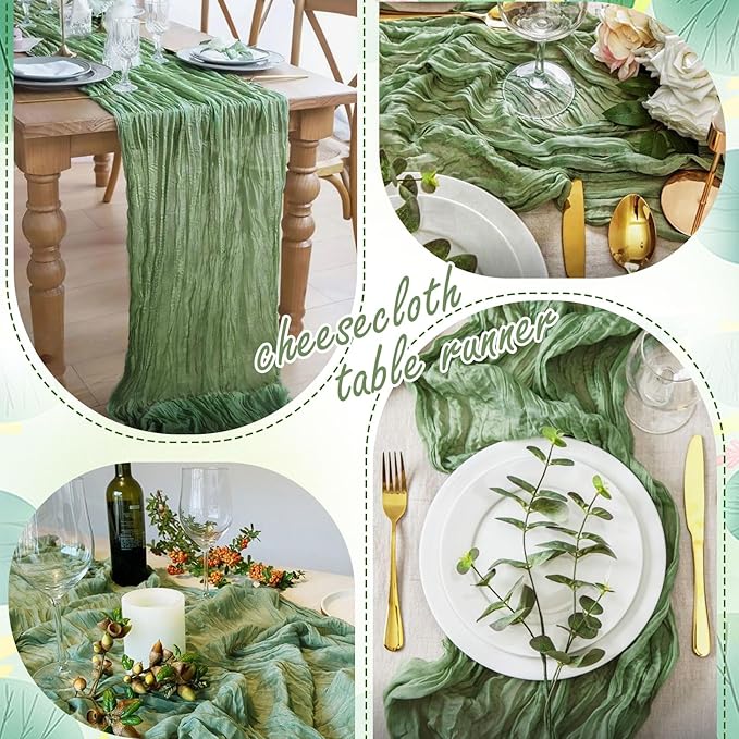 8 Packs Cheesecloth Table Runner 10FT Long Boho Gauze Fabric Table Runner Vintage Rustic Sheer Runners for Wedding Party Bridal Baby Shower Table Decorations (Sage Green)