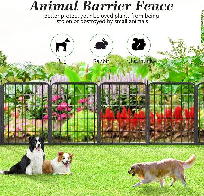 Garden Fence with Gate Metal Fencing Outdoor for Yard, 32in x55ft 24 Panels Outdoor Dog Fence Temporary Fence for Dogs Outside, Rustproof Garden Fencing Flower Bed Edging for Patio