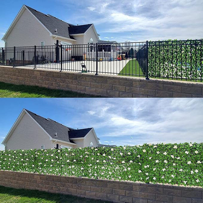 Expandable Fence Privacy Screen for Balcony Patio Outdoor,Decorative Faux Ivy Fencing Panel,Artificial Hedges (Single Sided Leaves) (2, White Flowers)