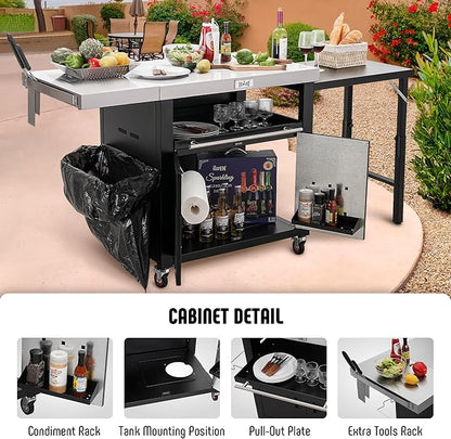 Grill Table,Outdoor Kitchen with Cabinet Outdoor Grill Table with 2 Foldable Side Tables Stainless Steel Top for Outdoor Kitchen Cabinets, Bar Cart, Movable Grill Cart with Pull-Out Plate, L74”x W24”