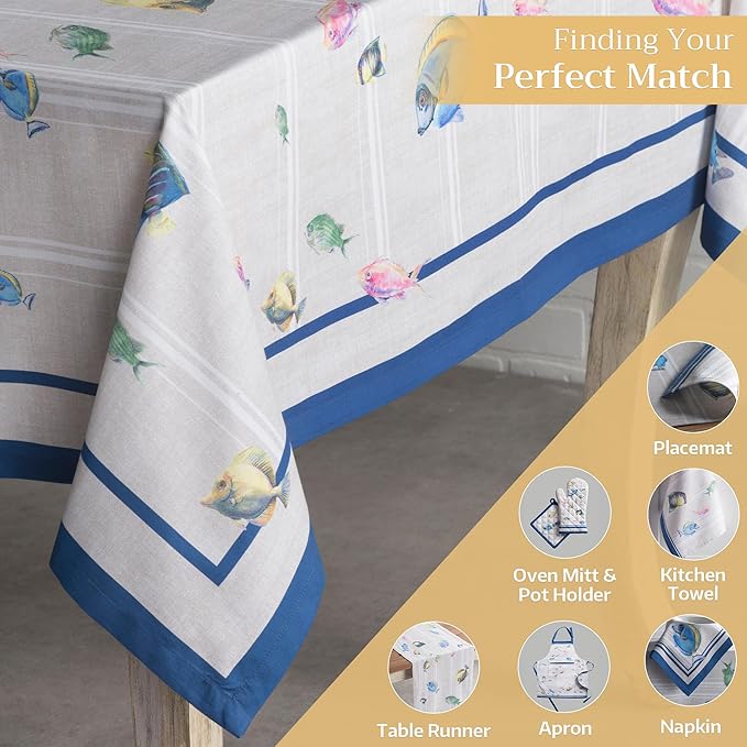 Maison d' Hermine Table Cloth Rectangle Table 100% Cotton 60 x 90 Inches Tablecloth Reusable Decorative Everyday Use for Dining Room, Farmhouse, Home, Party, Festive & Wedding Spring Summer - Poisson