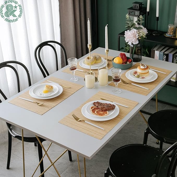 ANDSTAR Bamboo Placemats Set of 8 Waterproof - 12x18 Inch Reusable Table Mats for Dining, Eco-Friendly Heat Resistant Dishwasher Safe Kitchen Decor, Farmhouse Style Home Gift (Natural Color)