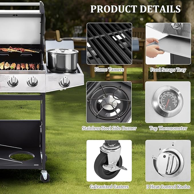 Unovivy 3-Burner Propane Gas BBQ Grill with Side Burner & Porcelain-Enameled Cast Iron Grates Built-in Thermometer, 39,000 BTU Outdoor Cooking, Patio, Garden Barbecue Grill, Black and Silver