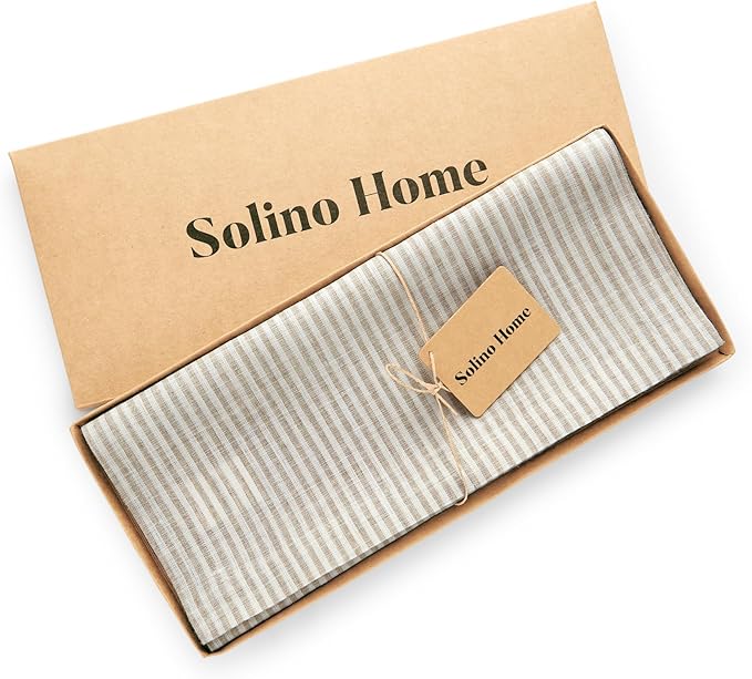 Solino Home Linen Striped Table Runner 120 Inches Long - Narrow Stripe 100% Pure Linen Natural and White Dining Table Runner 14 x 120 Inch for Spring, Easter