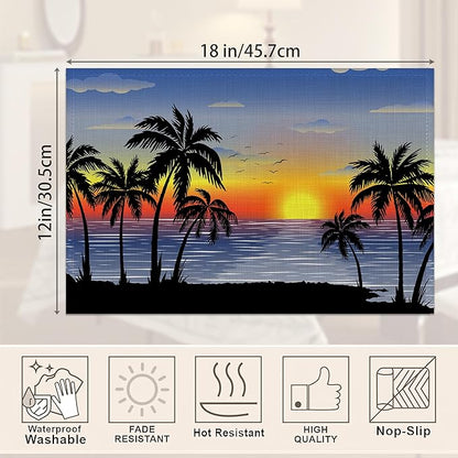 Tropical Landscape Placemats Set of 6,Palm Trees Sunset Seascape Exotic Linen Washable Kitchen Dining Table Mats Heat Resistant Place Mats for Home Party Indoor Holiday 12x18 Inch