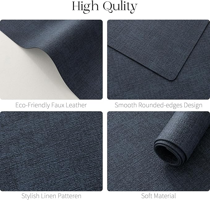 MOSAYT Faux Leather Placemats Set of 12, Heat Resistant Vinyl Place Mats with Coasters, Wipeable Washable 100% Waterproof Oil Proof Table Mats for Kitchen Dining Indoor Outdoor, 12" x 17", Navy Blue