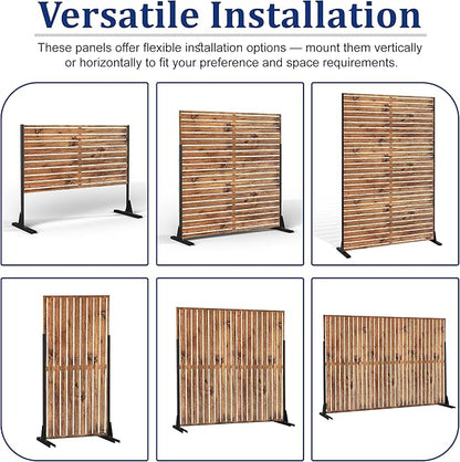 Metal Privacy Screen Outdoor 72" H×47" W Natural Wood Brown Patio Privacy Screen, Freestanding Decorative Privacy Screen for Deck Balcony Patio