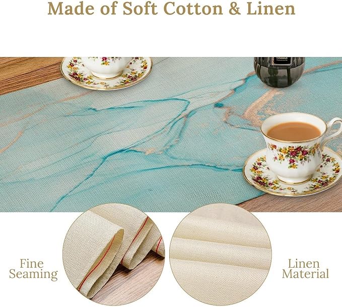 Turquoise Aqua Marble Table Runner, Modern Teal Watercolor Print Table Runner for Coffee Dining Party Wedding Kitchen 13x108in