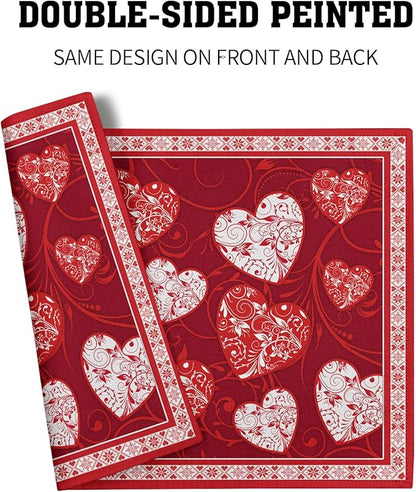 Giwawa Love Heart Placemats Set of 4, Valentines Day Red White Hearts Print Linen Place Mat 12x18 Inch, Romantic Non-Slip Washable Table Mats Kitchen Dining Tabletop Holiday Party Wedding Decor