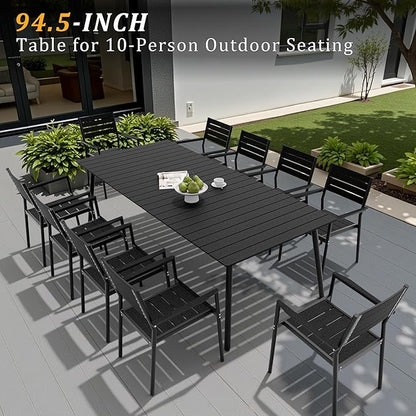 95" Patio Outdoor Dining Table for 8-10, Weather-Resistant Wood-Grain Top with Aluminum Frame & Umbrella Hole for Deck Gatherings, Black