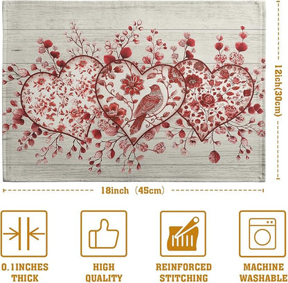 Valentine Wooden Heart Placemats Set of 4, 12x18 Inch Valentines Chinoiserie Red Floral Dining Table Placemats Heat Resistant Washable Table Mats for Kitchen Dining Holiday Indoor