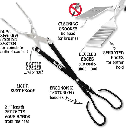 3-in-1 Barbecue Tool 21-inch by BBQ Croc - Extra Light and Xtra Long Tongs, Spatula and Grill Scraper (Black)