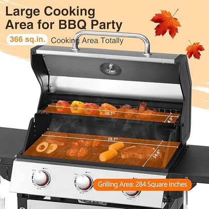 Propane Gas BBQ Grill, Upgraded 30,000 BTU Stainless Steel Barbecue Grill with Foldable Side Tables, Spice Rack & Wheels for Outdoor Cooking(3 Burner grill)