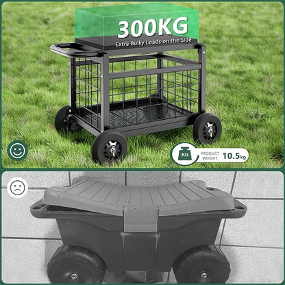 Garden Cart with Seat, 3-in-1 Rolling Seat with Wheels - Image 4