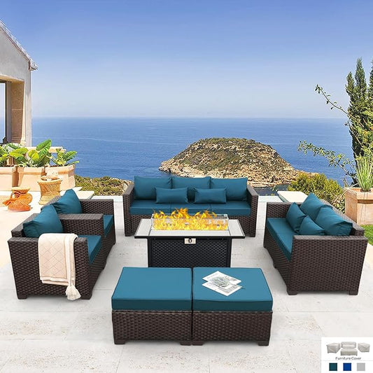 Patio Furniture Set 7 PCS Outdoor Patio Furniture with Propane Fire Pit Table Outdoor Couch Patio Chairs Outdoor Conversation Set with Peacock Blue Non-slip Cushions and Waterproof Covers