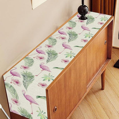 Flamingo Table Runner,Spring Summer Tropical Floral Green Palm Leaves Hawaiian Luau Watercolor Table Center Decor for Family Kitchen Living Room Farmhouse Party Table Decorations, 13"x90"