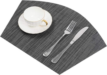SHACOS Small Round Table Placemats Wedge Placemat Set of 4 Non Slip Heat Resistant Woven Vinyl Table Mats Wipe Clean Indoor Outdoor (4, Black Gray)