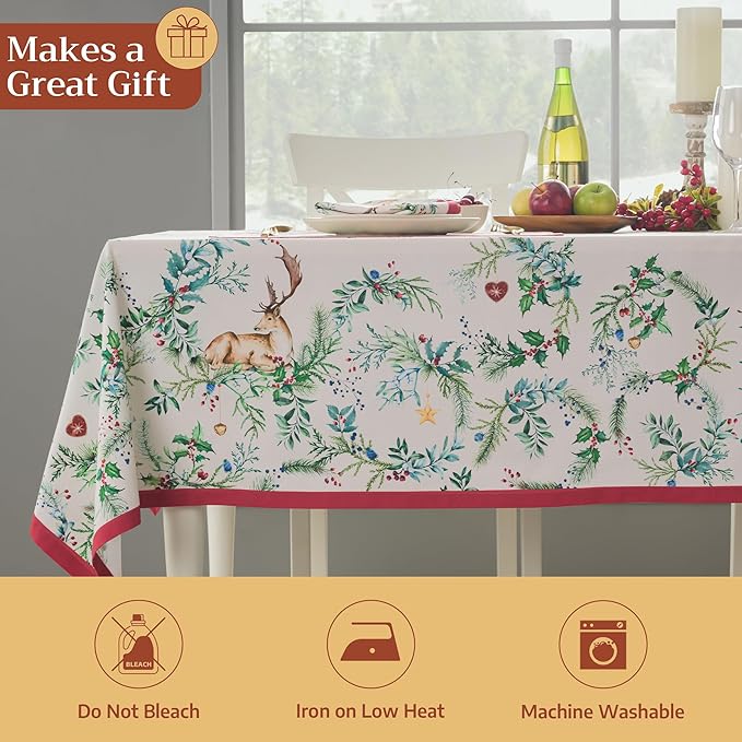 Maison d' Hermine Table Cloth Square Table 100% Cotton 60 x 60 Inches Fall Tablecloth Reusable Everyday Use for Thanksgiving Christmas Decorations Dining Farmhouse Party (Holly Time)