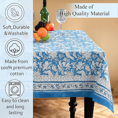 CPC Blue Sapphire 60X60 Inch Square Tablecloth Cotton Indian Block Print Tablecloth Handmade Printed Washable Cotton Table Cloth Spring Summer Weding Table Cover