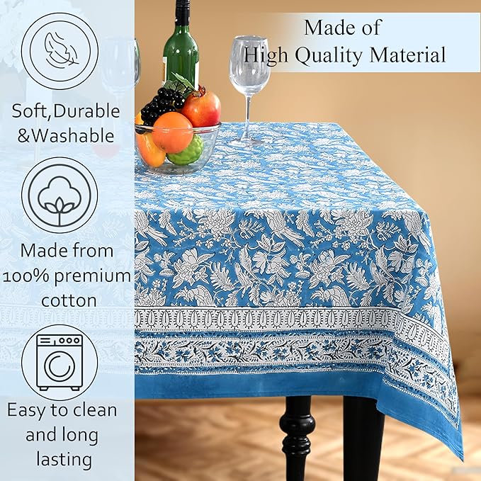 CPC Tablecloth 100% Cotton 72x160 Inch Indian Block Print Rectangle Table Cover, Washable Table Cloth for Weddings, Spring/Summer, Barbeque - Blue Sapphire