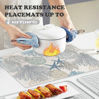 Coastal Beach Placemats Set of 6,Shell Starfish Coral Heat Resistant Table Mats Washable Place Mats for Party Kitchen Farmhouse Home Dining Holiday Decor 12x18 Inch