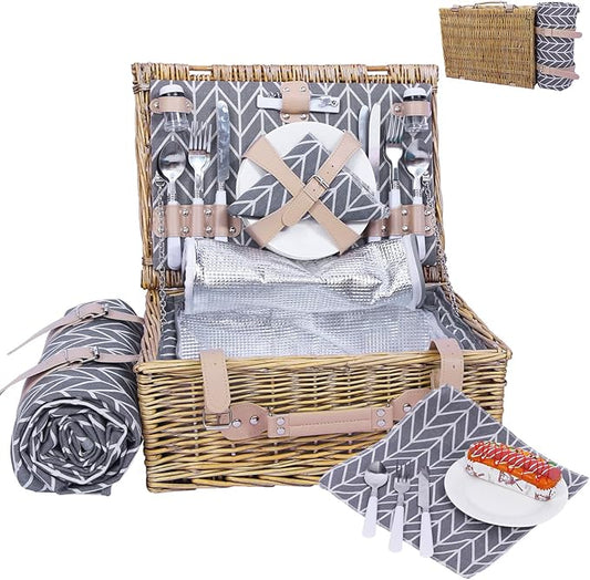 Neti Neti Wicker Picnic Basket for 4 with Insulated Cooler & Waterproof Blanket – Large Willow Picnic Hamper for Outdoor, Camping, Beach, Romantic Dates, Valentine’s Day