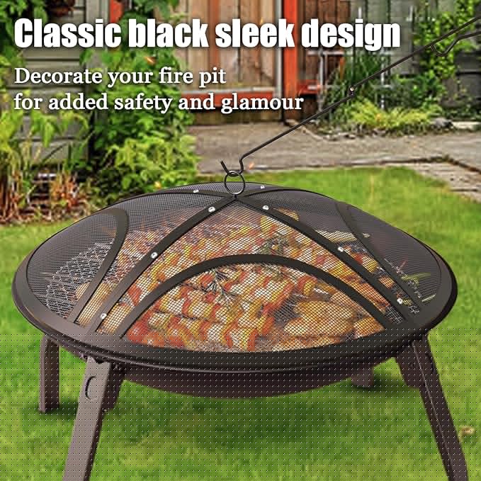 Fire Pit Spark Screen, Upgraded 40 Inch Outdoor Fire Pit Screen with Handle & Poker, Heavy-Duty Steel Fire Pit Cover Round Mesh Replacement Firepit Screen for Backyard/Beach/RV Camping