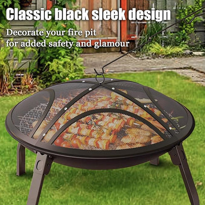 Fire Pit Spark Screen, Upgraded 27 Inch Outdoor Fire Pit Screen with Handle & Poker, Heavy-Duty Steel Fire Pit Cover Round Mesh Replacement Firepit Screen for Backyard/Beach/RV Camping