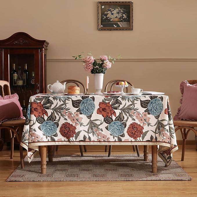 Designer French Linen Tablecloth for Square Tabl,Red and Blue Floral Rustic Durable Tablecloths,Decorative Table Cover for Kitchen Dining Thanksgiving,Farmhouse,67" × 67"-Burgundyred