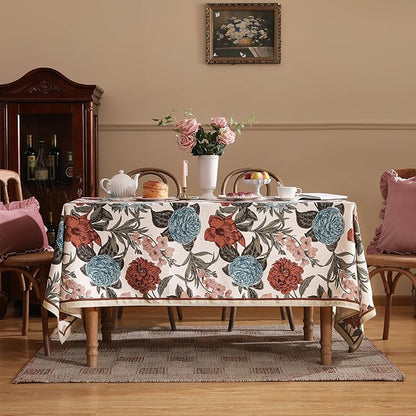 Designer French Linen Tablecloth for Rectangle Table,Red and Blue Floral Rustic Durable Tablecloths,Decor Table Cover for Kitchen,Dining,Thanksgiving,Home,55" × 87"-Burgundyred