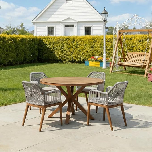 PURPLE LEAF 5 Pieces Patio Round Dining Set Aluminum Oversize Round Table and Rattan Arm Chairs with Cushions for Kitchen Porch Garden Modern Outdoor Furniture Sets
