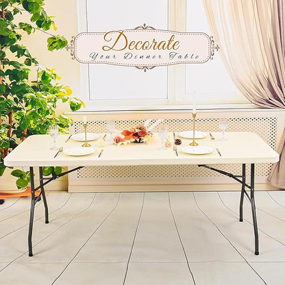 6 Pack Stretch Fabric Table Top Cap Cover, Ivory Table Covers fits 6Ft Tables, Washable Elastic Universal Rectangle Tablecloth Protector for Indoor Outdoor Party Picnic Wedding (30" W x 72" L)