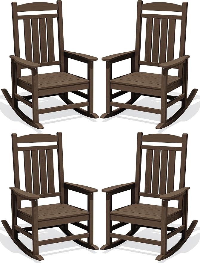 Oversized Outdoor Rocking Chair Set of 4, HDPE Porch Rocker, Coffee | by KINGYES