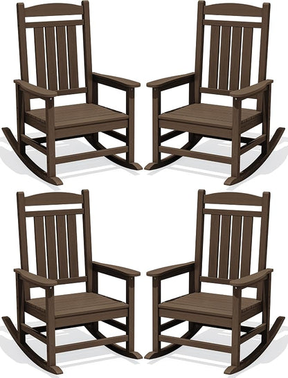 Oversized Outdoor Rocking Chair Set of 4, HDPE Porch Rocker, Coffee | by KINGYES