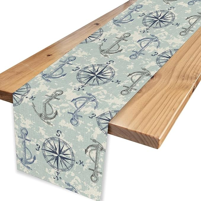 Summer Beach Table Runner, Blue Sea Coastal Nautical Sailboat Map Sketch Compass Ocean Table Runner Seasonal Holiday Home Kitchen Dining Table for Home Party Decor 13"x36"