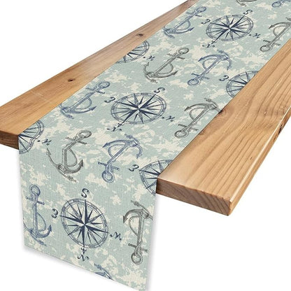 Summer Beach Table Runner, Blue Sea Coastal Nautical Sailboat Map Sketch Compass Ocean Table Runner Seasonal Holiday Home Kitchen Dining Table for Home Party Decor 13"x36"