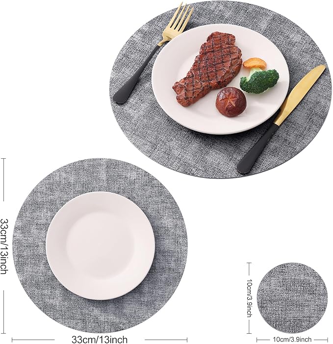 Homaxy Round Faux Leather Placemats and Coasters, Washable Dual-Side Table Mats, Wipeable Heat-Resistant Dining Place Mats for Outdoor and Indoor, Set of 4, Diameter 13 and 3.93 inch, Black & White