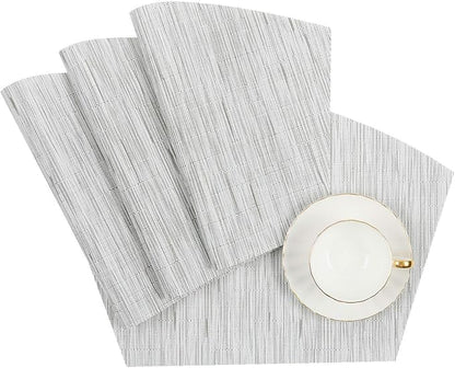 SHACOS Small Round Table Placemats Wedge Placemat Set of 4 Non Slip Heat Resistant Woven Vinyl Table Mats Wipe Clean Indoor Outdoor (4, Gray White)