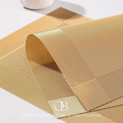 Placemats Set of 8 - Easy Clean Woven Vinyl Placemats for Dining Table, Indoor/Outdoor Place Mats, Washable PVC Table Mats（Gold Cube）