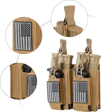 Open-Top Single/Double/Triple Molle Mag Pouch for 5.56mm M4 M16 AK AR Glock M1911 9mm Elastic Rifle Magazines Pistol Mag Pouches Holder Carrier with USA Flag Patch