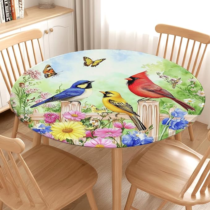 Spring Birds Floral Round Fitted Tablecloth with Elastic Colorful Flower Butterfly Circle Table Cloth for 36-40" Round Tables Wipeable Waterproof Farmhouse Easter Table Cover for Outdoor Picnic Dining