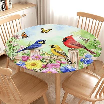 Spring Birds Floral Round Fitted Tablecloth with Elastic Colorful Flower Butterfly Circle Table Cloth for 36-40" Round Tables Wipeable Waterproof Farmhouse Easter Table Cover for Outdoor Picnic Dining