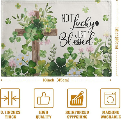 St Patricks Placemats Set of 4 St. Patrick's Day Cross Shamrocks Clover Linen Table Mats 12x18 Inch Spring Heat Resistant Washable Place Mat for Kitchen Dining Home Party Decor
