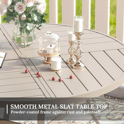 VICLLAX Round Patio Table with Adjustable Umbrella Hole for 8, All Weather Metal Outdoor Dining Table for Lawn Garden, 59.8" Outdoor Coffee Table, Cream Color Frame