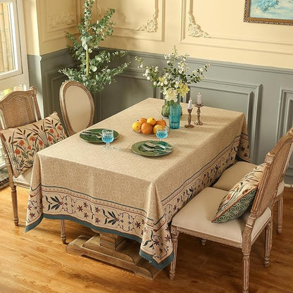 patdrea Designer French Linen Long Tablecloth for Rectangle Table,Beige Anti-Wrinkle Floral Farmhouse Table Cloth,Decor Covers for Kitchen Dining,Tea Party,Christmas,Thanksgiving,63"x102"-Fram
