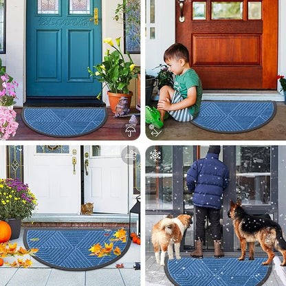 Smiry Half Circle Front Door Mat Outside Entrance, Heavy Duty Sturdy Natural Rubber Doormat, Trap Dirt and Moisture, Low Profile Mats for Indoor Outdoor Entry, Irregular Triangle (36x24, Blue)