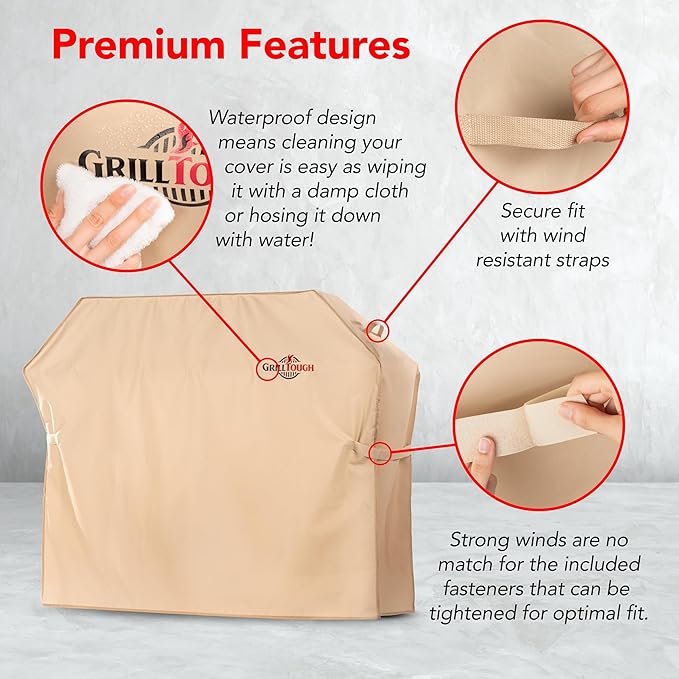 Heavy Duty BBQ Grill Cover for Outdoor Grill, 64 Inch – Waterproof, Weather Resistant, UV & Fade Resistant with Adjustable Straps – Gas Grill Cover for Weber, Genesis, Charbroil, etc. Tan