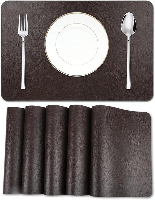 Cowhide Pattern Faux Leather Placemats Set of 6,Heat Resistant Non-Slip Waterproof Wipeable Washable Kitchen Dining PU Table Place Mats,Double-Sides Available,Black Brown
